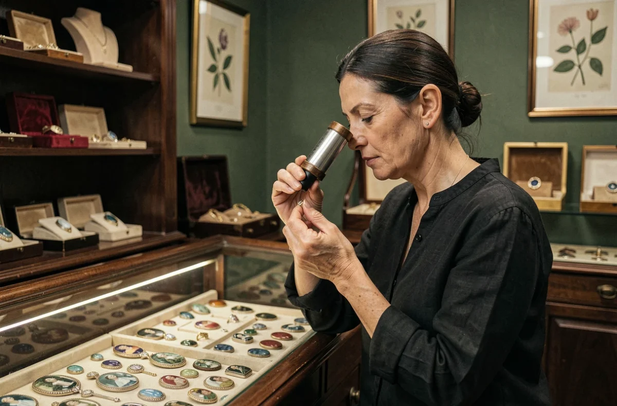 Femme examinant une bague camée dans une boutique de bijoux anciens, spécialiste des bijoux de deuil et de mémoire victoriens