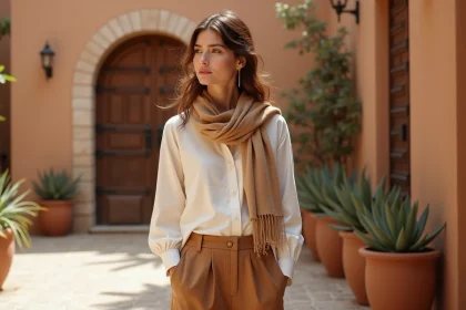 Femme portant un foulard cheche noué autour du cou en style bohème chic sur une terrasse en pierre aux tons ocre
