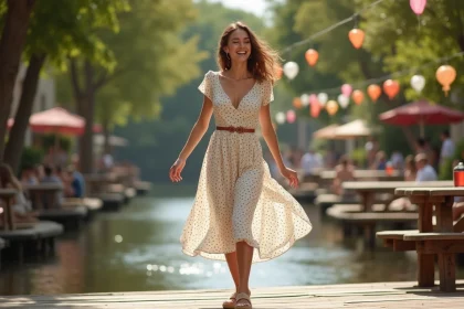 Femme souriante en robe &agrave; pois dans une guinguette en plein air