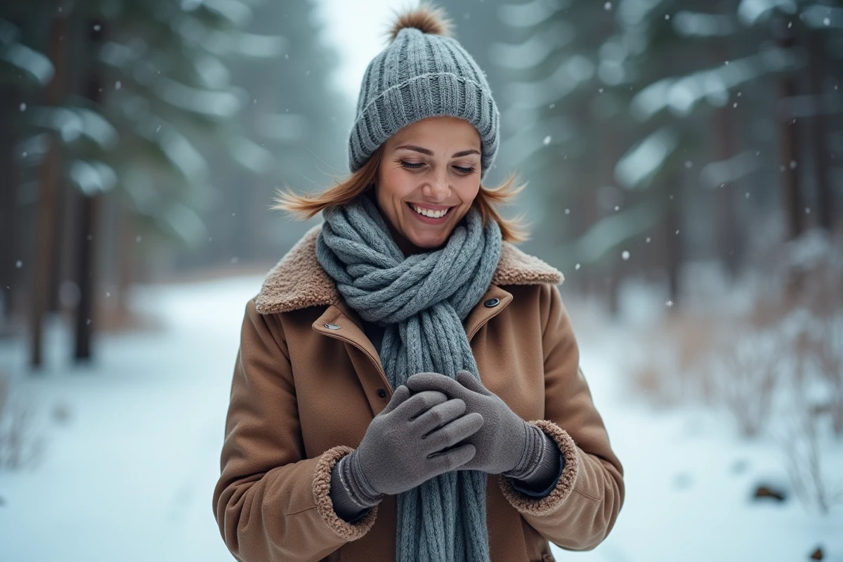 Femme souriante mettant des gants d'hiver près d'un chemin enneigé