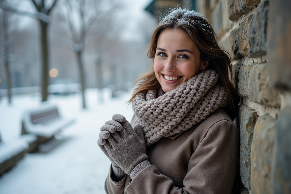 Femme souriante en hiver près d un mur en pierre