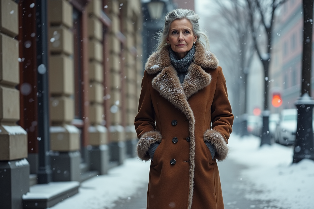 Femme d'âge moyen en manteau d'hiver urbain