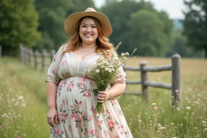 Femme plussize souriante dans un champ en fleurs