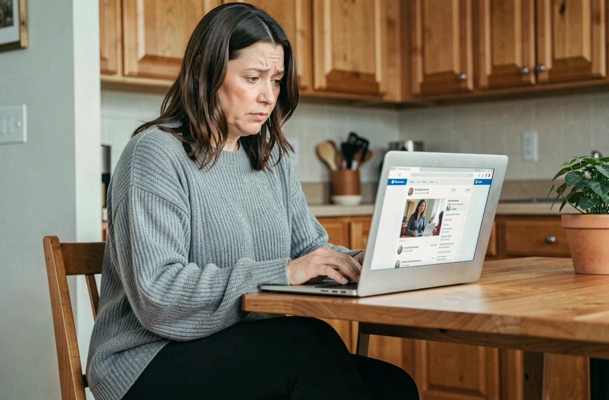 Femme en legging gainant lisant des avis contradictoires sur internet depuis sa cuisine, expression perplexe devant son ordinateur portable