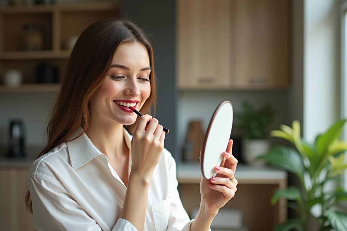 Femme appliquant rouge à lèvres dans un appartement lumineux