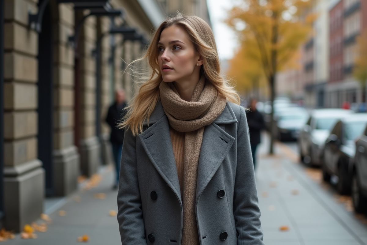 Jeune femme marche dans une rue urbaine automnale