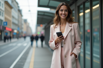 Femme élégante en manteau pastel à un arrêt de tram