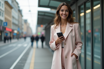 Femme &eacute;l&eacute;gante en manteau pastel &agrave; un arr&ecirc;t de tram