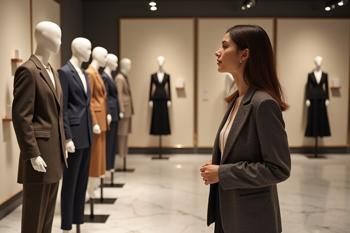Femme élégante admire une exposition de mode dans une galerie