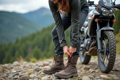 Femme ajustant sa botte de moto en pleine nature