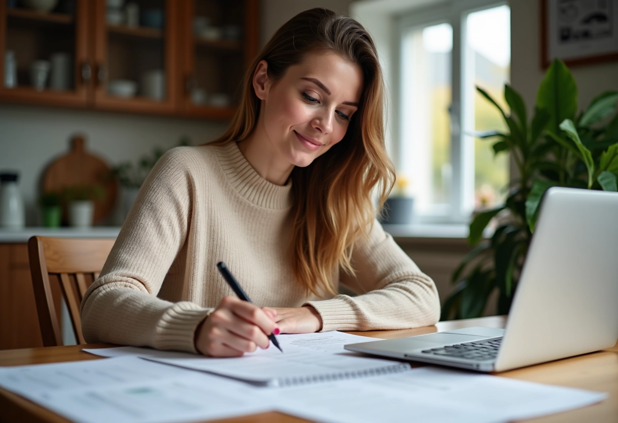 Jeune femme à la maison marquant dates sur calendrier