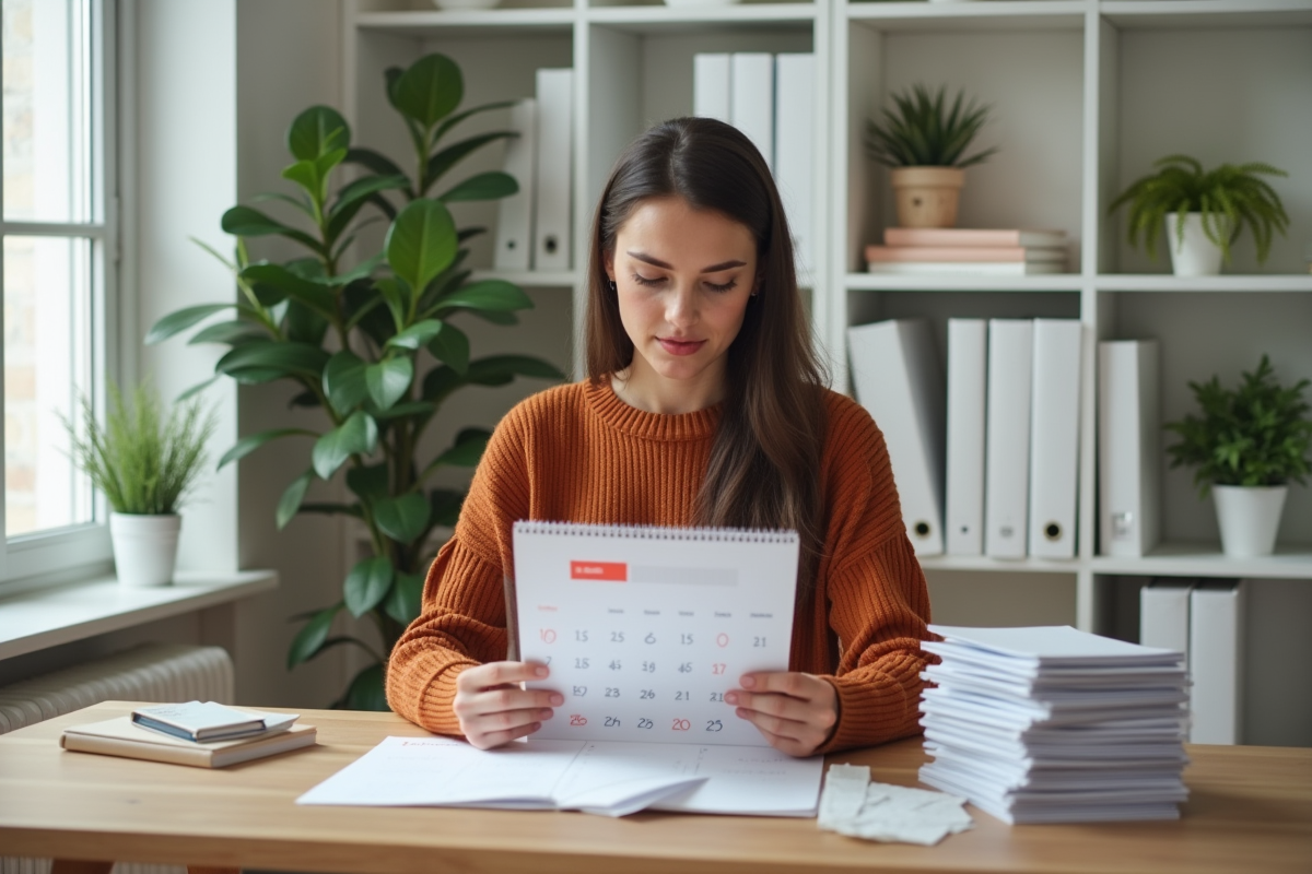 Femme organisée regardant un calendrier dans un bureau lumineux