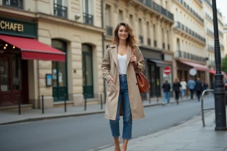 Femme chic dans une rue parisienne avec sac en cuir