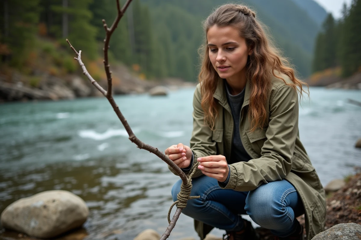 Femme nouant un bracelet en paracord au bord de la rivière