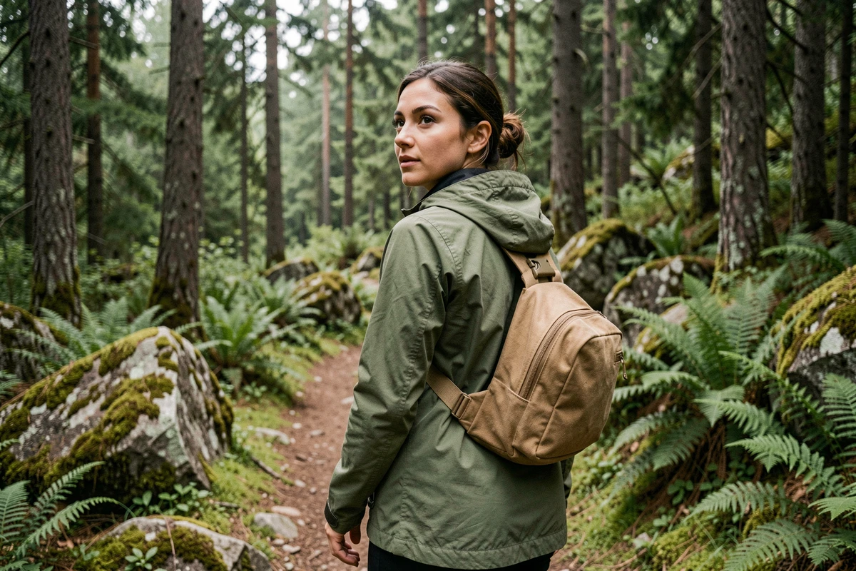Femme en randonnée portant une banane avec sangle large réglable dans un sentier forestier