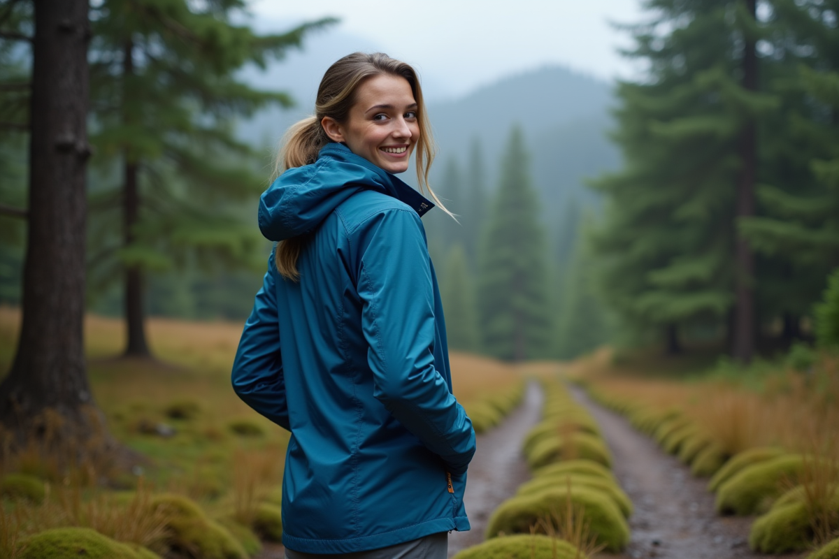 Jeune femme en veste GoreTex dans la forêt après pluie