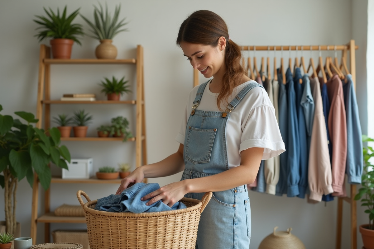 Jeune femme en recyclant des vetements dans un salon ecostyle