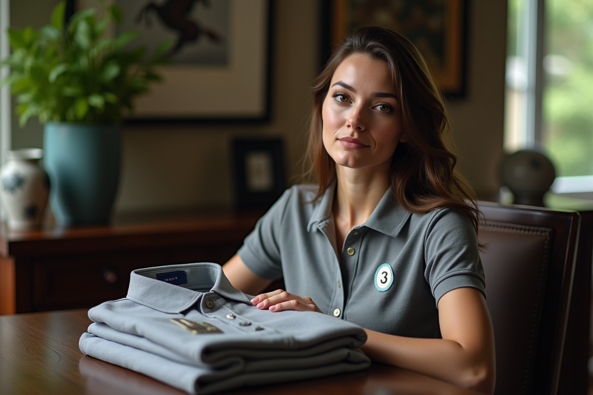 Femme tenant un polo avec numéro 3 en intérieur élégant