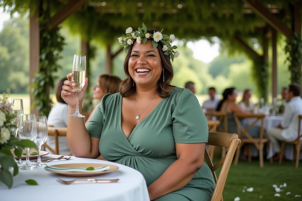 Femme confiante assise lors d&rsquo;un mariage en ext&eacute;rieur