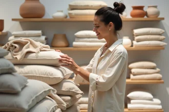 Femme parcourant les textiles en lin dans un magasin Zara Home pour trouver des promotions déco 2026