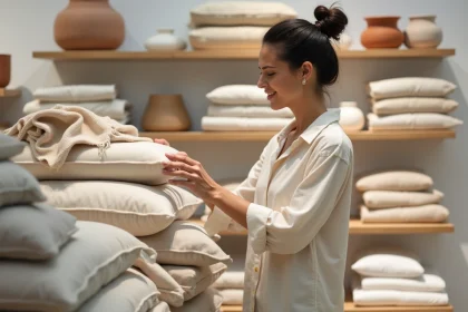 Femme parcourant les textiles en lin dans un magasin Zara Home pour trouver des promotions déco 2026