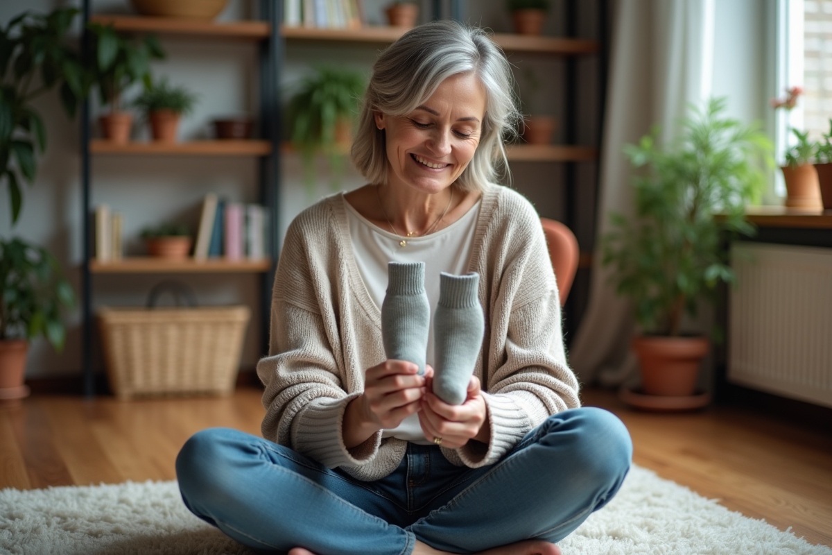 Femme assise comparant deux chaussettes dans un intérieur cosy