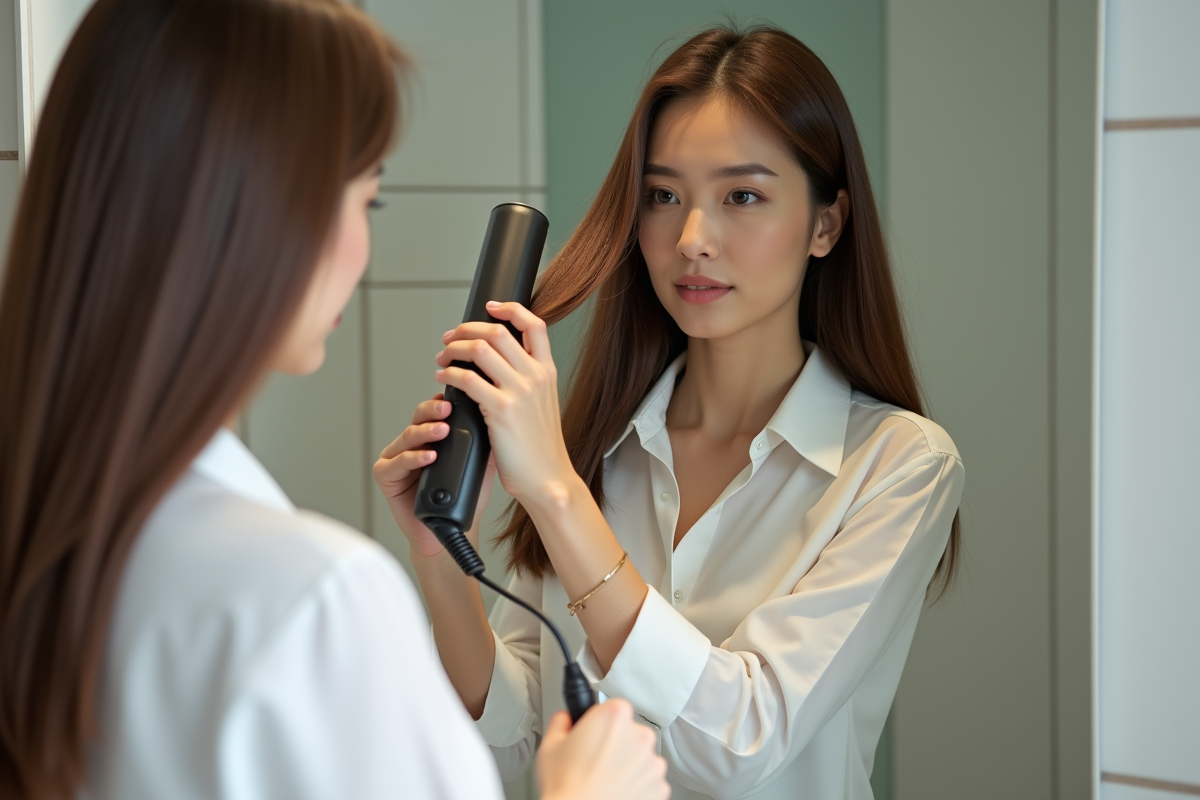 Femme en train de lisser ses cheveux longs et bruns