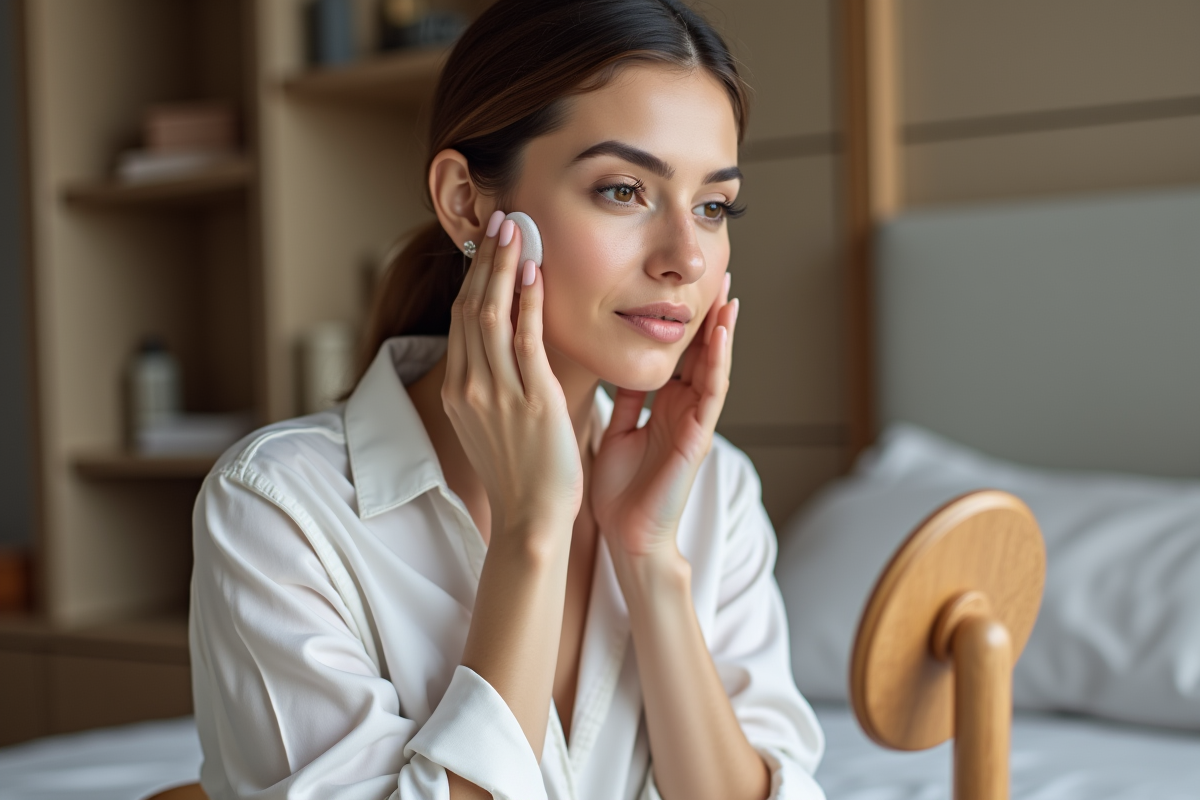 Femme en train de s'appliquer du maquillage dans un miroir