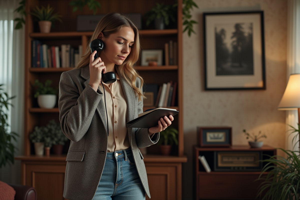 Femme réfléchie avec téléphone vintage dans un salon cosy