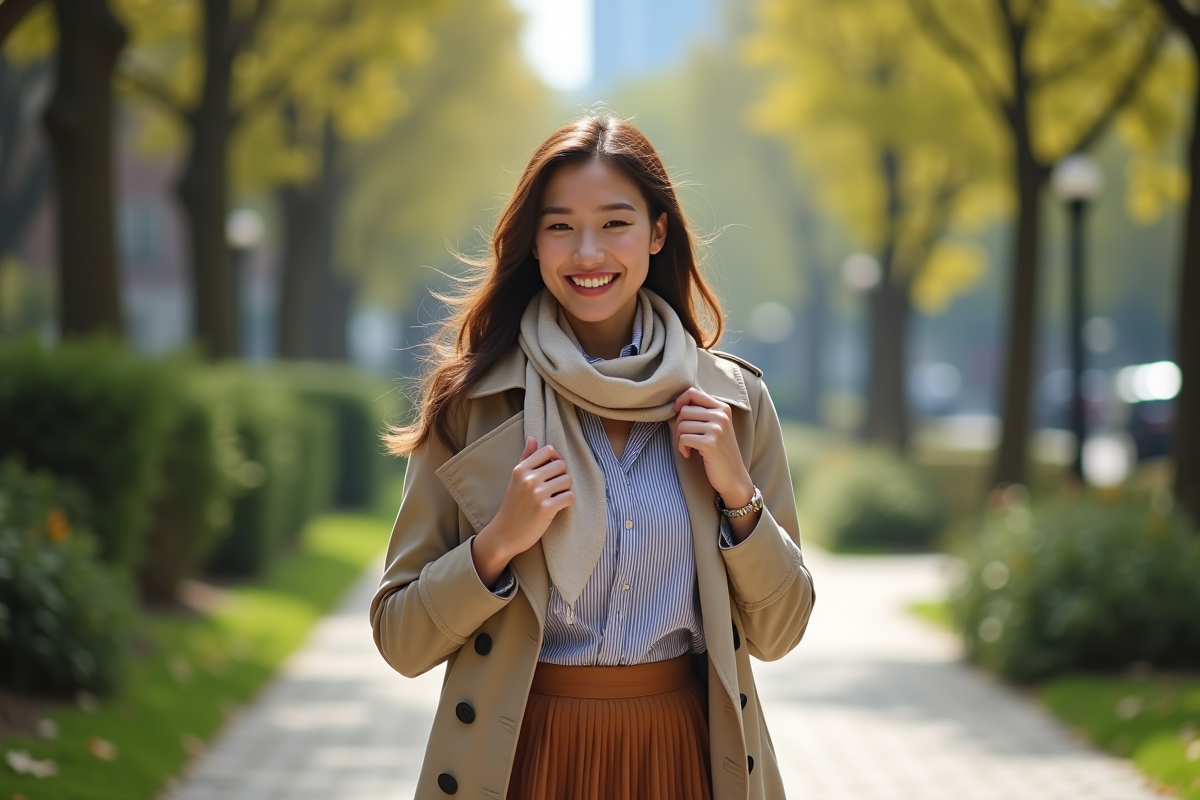 Femme en trench dans un parc urbain dynamique