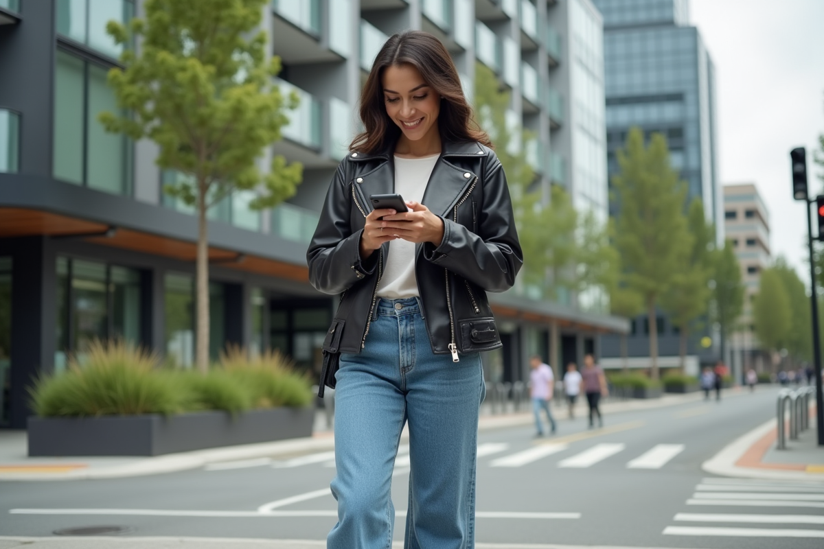Femme en mode urbain avec veste vegan et jeans larges