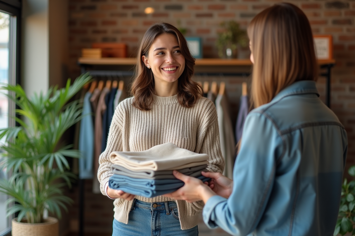 Femme souriante donnant des vêtements dans une boutique de seconde main