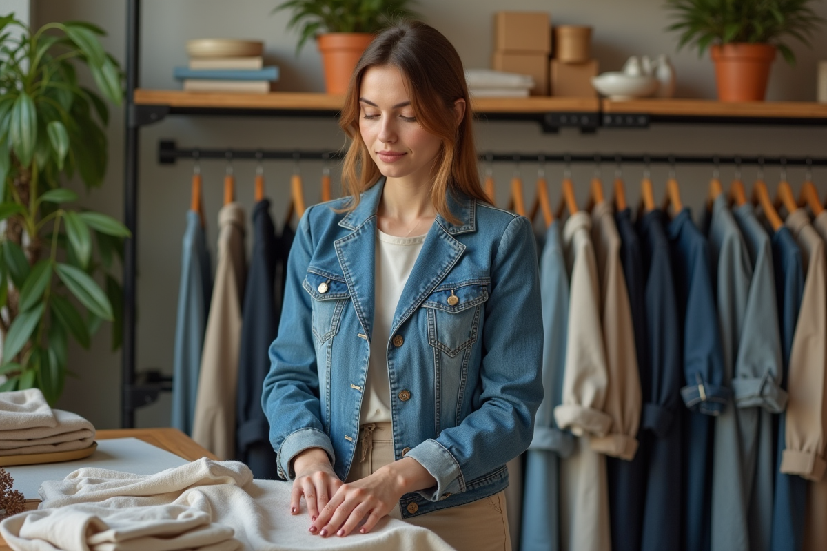 Femme en boutique portant veste en denim recyclé et pantalon bio