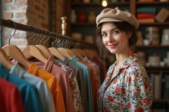 Femme souriante en robe vintage dans une boutique parisienne
