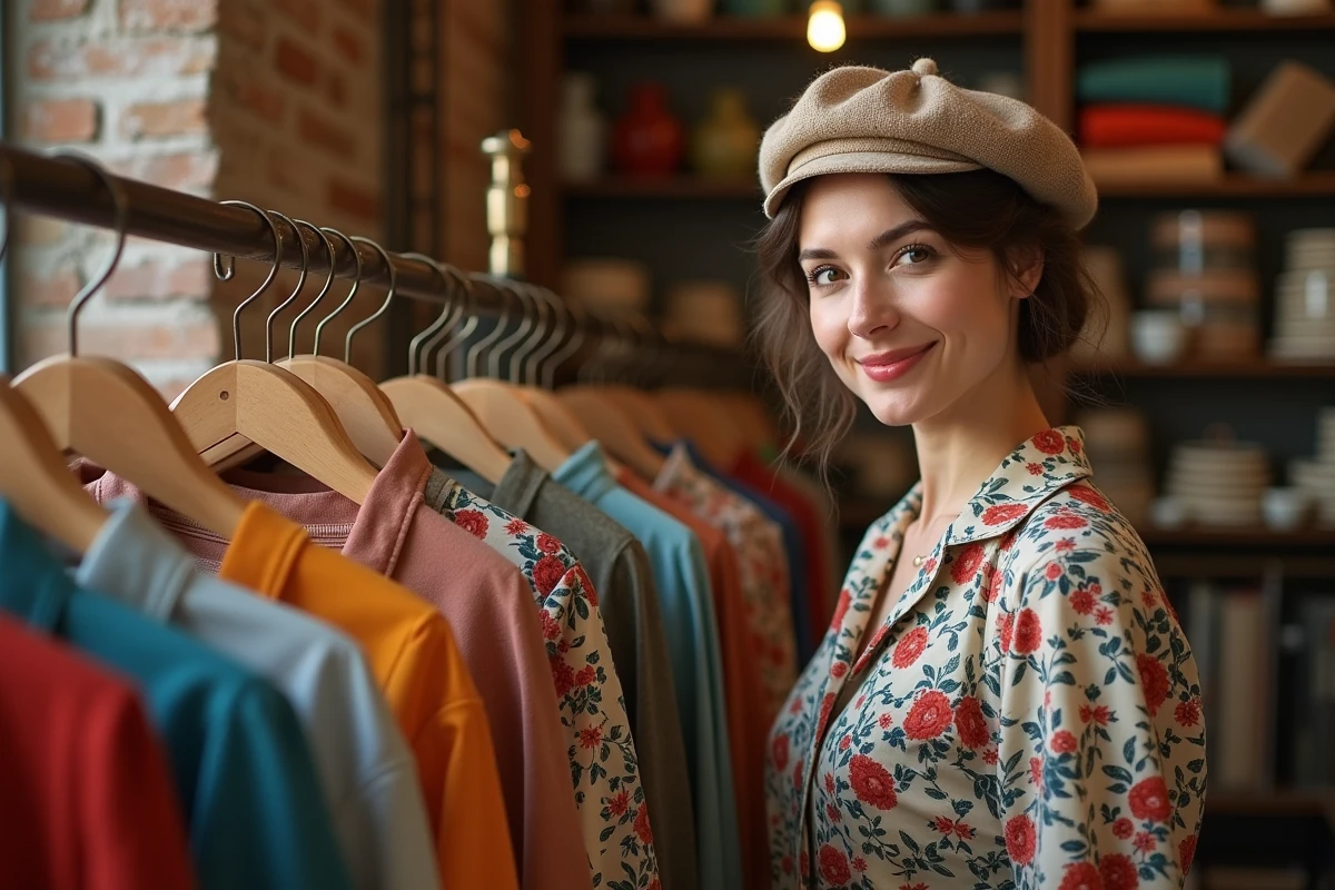 Femme souriante en robe vintage dans une boutique parisienne