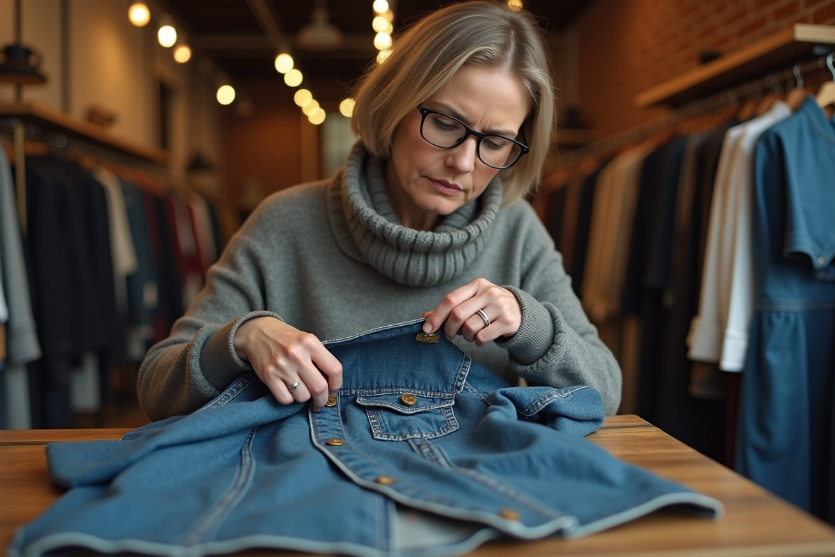 Femme inspectant un blouson en denim vintage avec attention