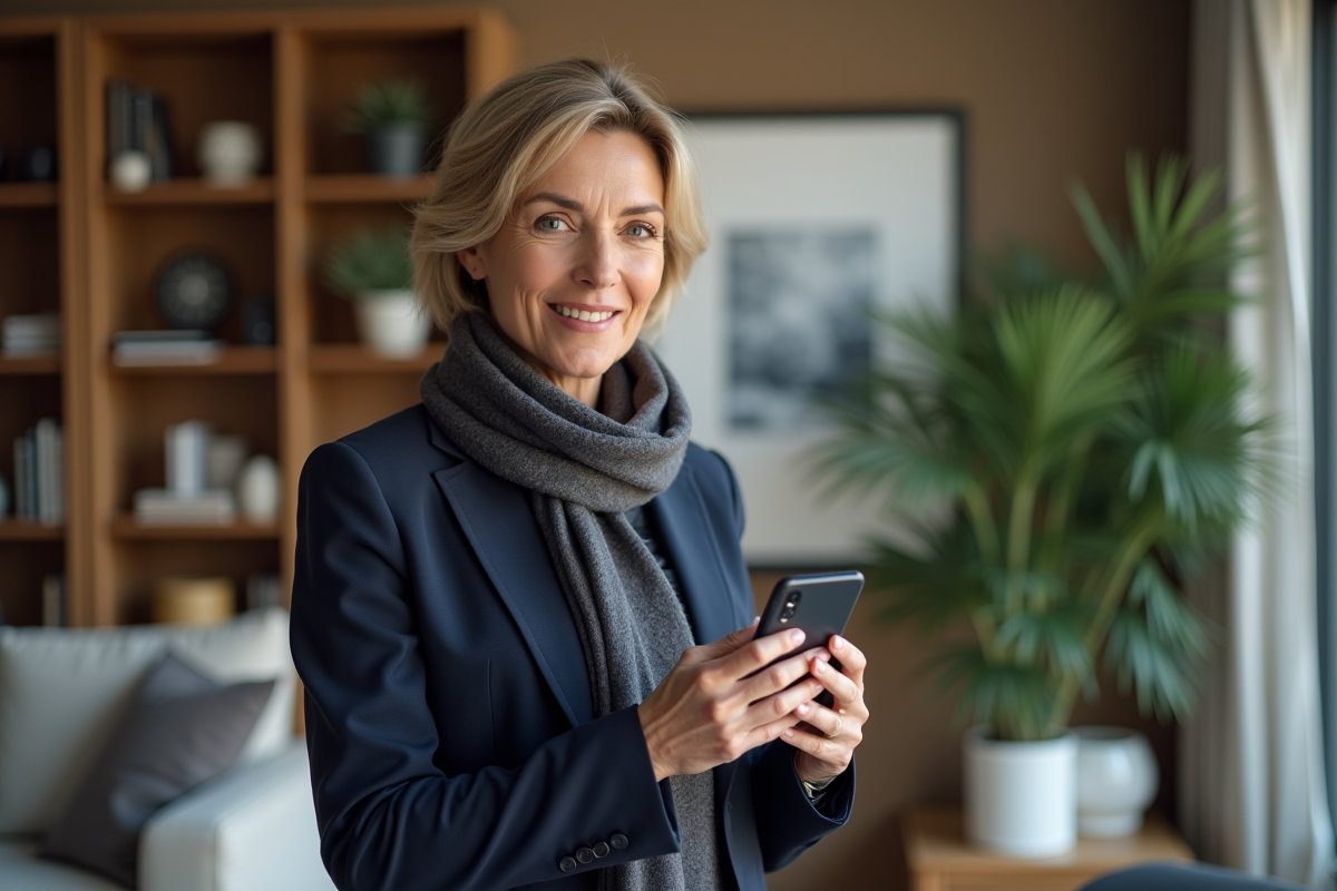 Femme enregistrant un vlog avec smartphone dans un salon moderne