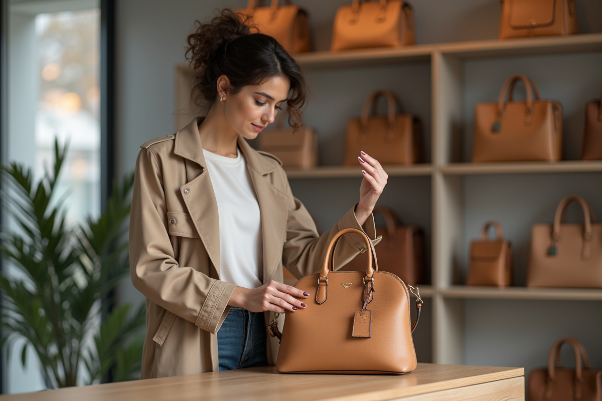 Femme inspectant un sac de luxe dans une boutique moderne