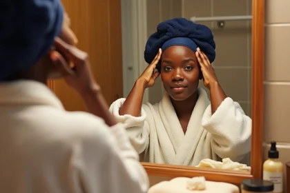 Femme noire appliquant un wave cap sur ses cheveux bouclés devant un miroir de salle de bain