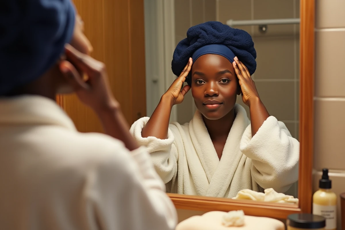 Femme noire appliquant un wave cap sur ses cheveux bouclés devant un miroir de salle de bain