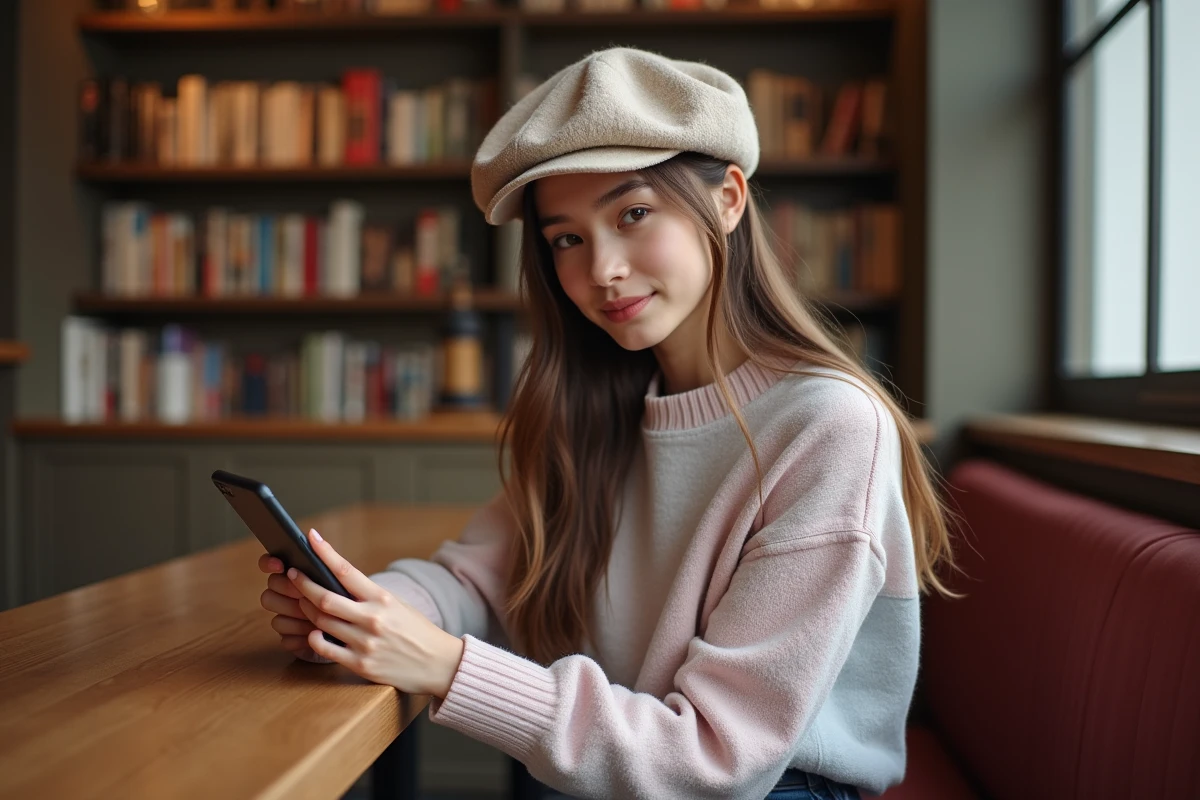 Fille adolescente assise dans un café en lisant sur son téléphone