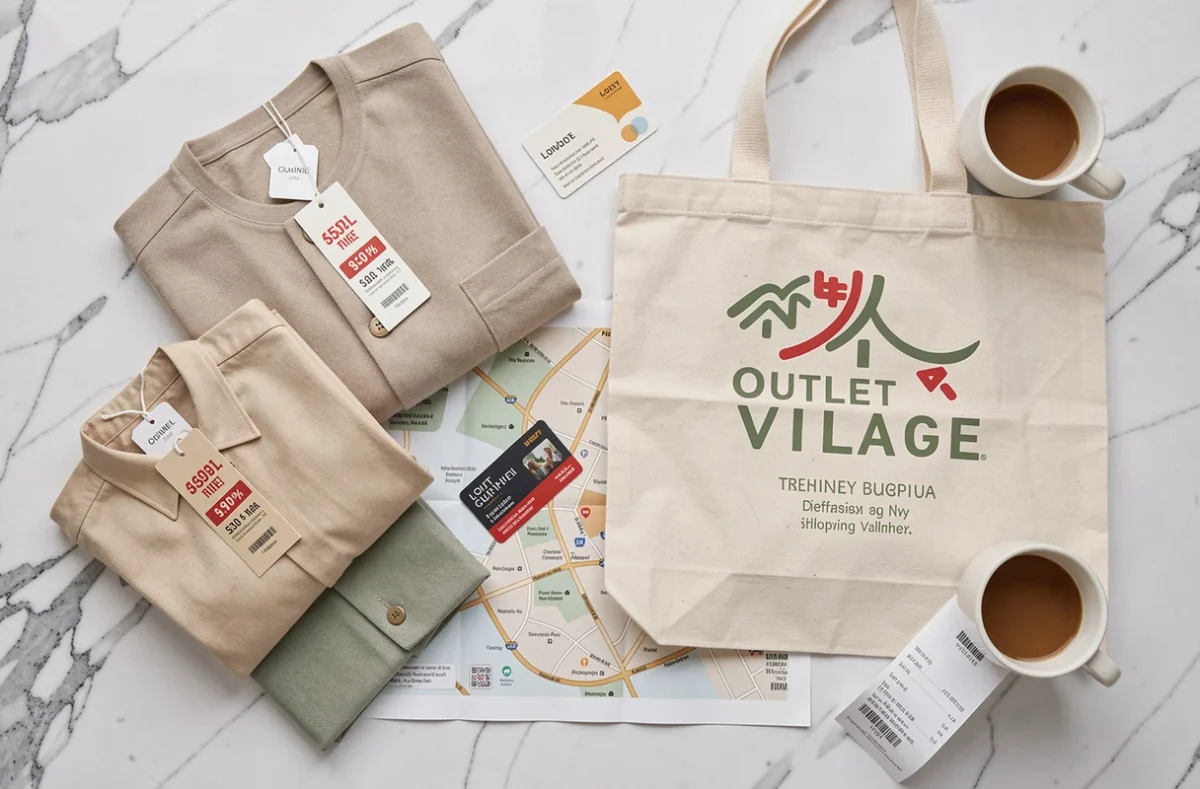 Plat posé de vêtements de marque avec étiquettes de prix réduits et sac shopping Village des Marques Miramas