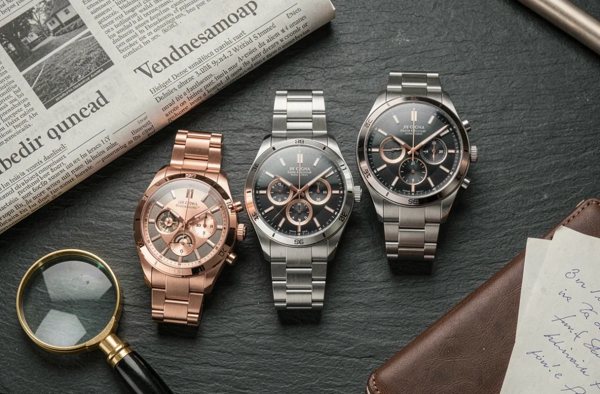 Flat-lay de montres de luxe mécaniques avec loupe de joaillier et journal financier sur ardoise sombre