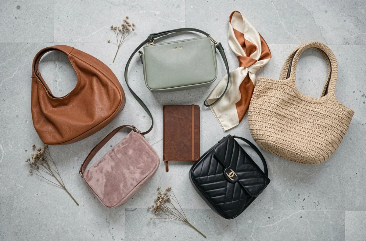 Flatlay éditorial de cinq sacs aux couleurs tendance et intemporelles pour 2026, posés sur une surface en pierre grise