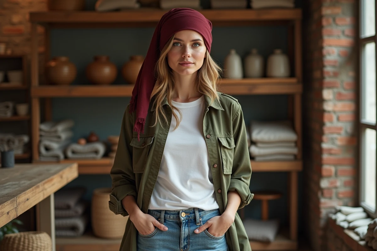 Femme avec un cheche en guise de foulard tête noué façon bohème dans une boutique vintage aux étagères en bois