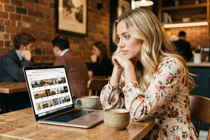 Jeune femme blonde parcourant une galerie de photos d'une chanteuse sur un site fan depuis un café cosy