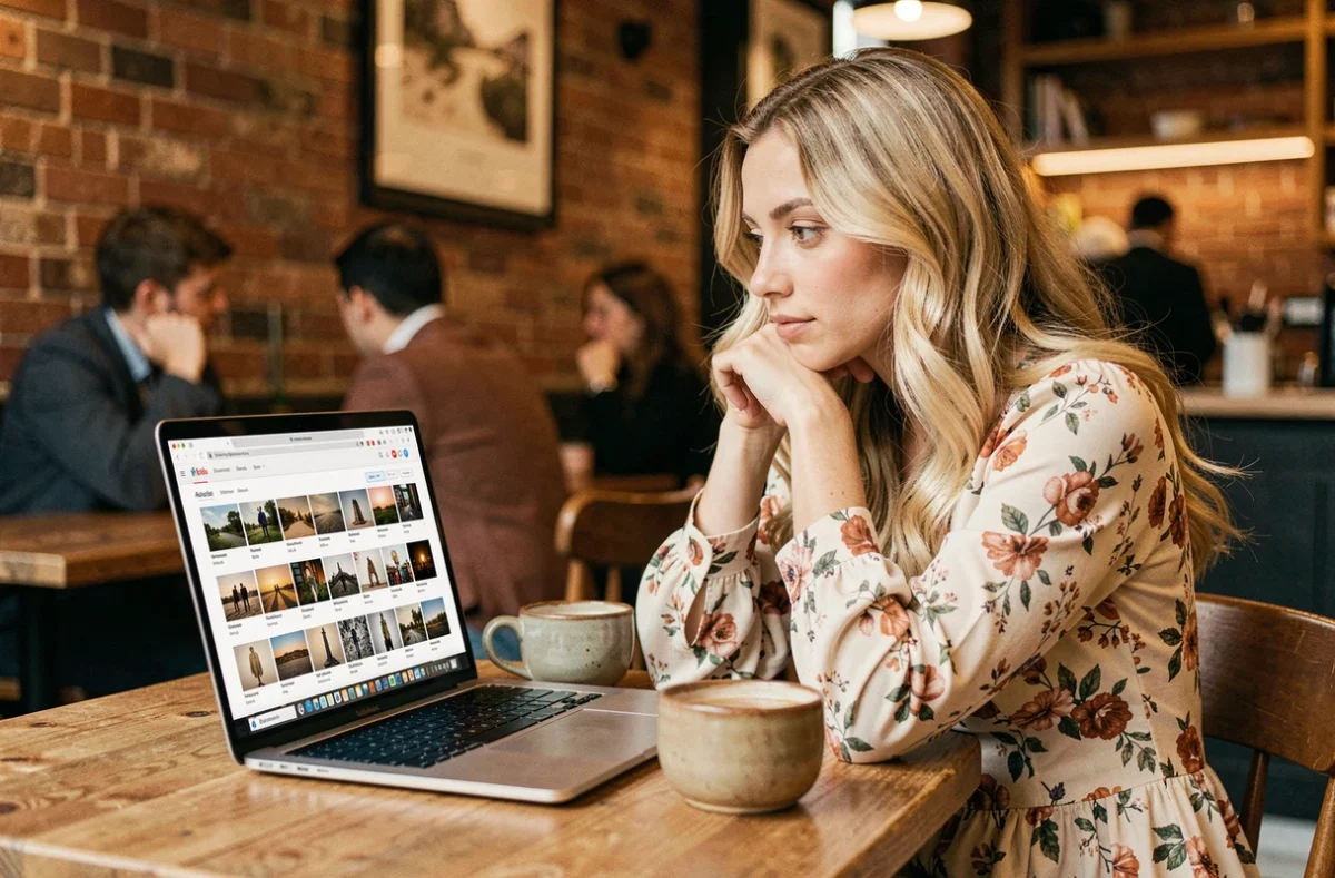 Jeune femme blonde parcourant une galerie de photos d'une chanteuse sur un site fan depuis un café cosy