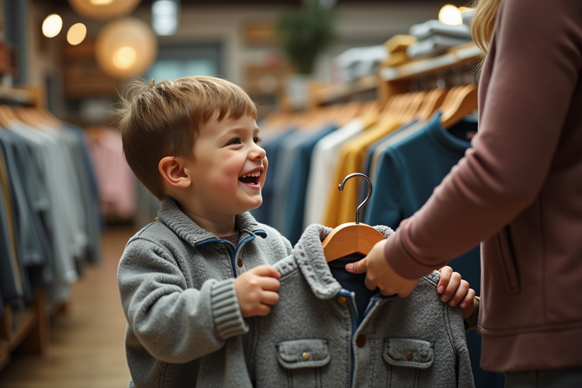 Garçon de deux ans avec sa mère dans une boutique de vêtements