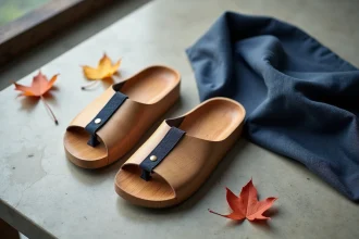 Paire de geta japonaises traditionnelles en bois de hinoki avec sangles en tissu indigo, disposées sur du béton lisse dans un studio minimaliste, entourées de feuilles d'automne.