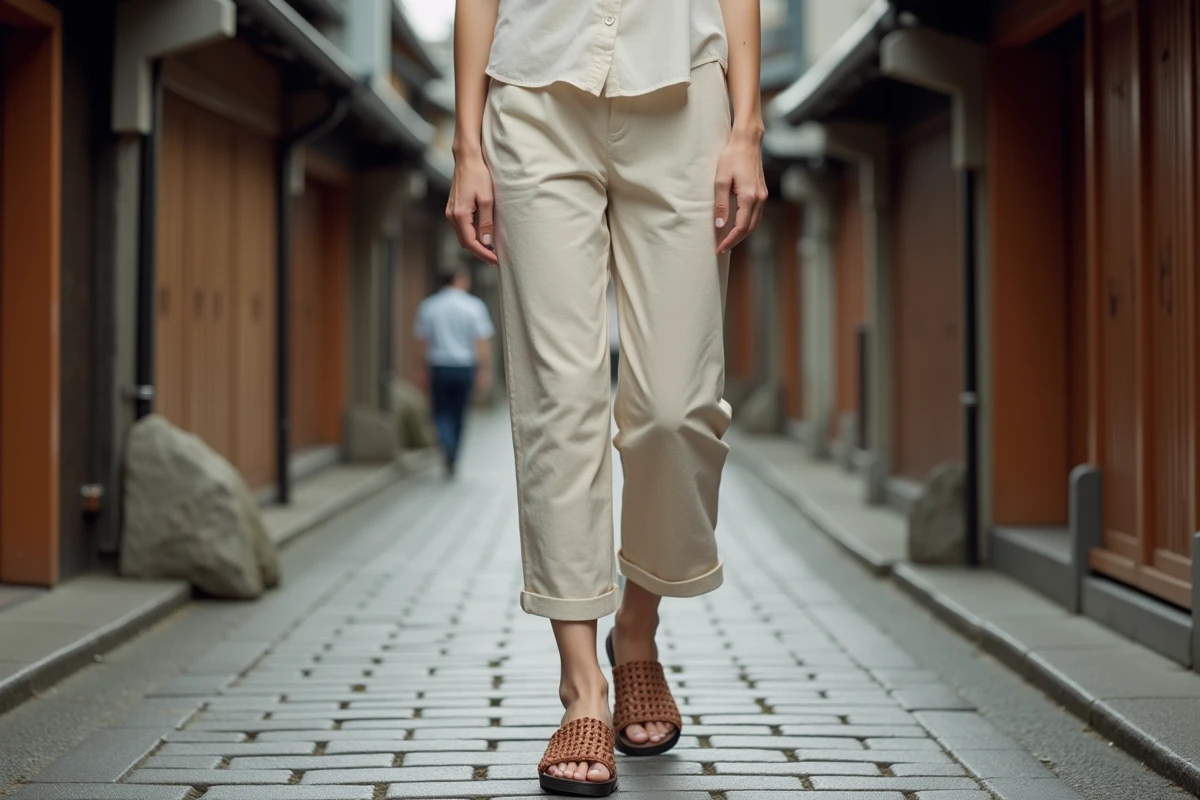 Jeune femme japonaise portant des geta modernes à semelle en résine et sangles en cuir tressé, marchant dans une ruelle pavée du quartier Yanaka à Tokyo, vêtue d'un pantalon lin et d'un chemisier crème.
